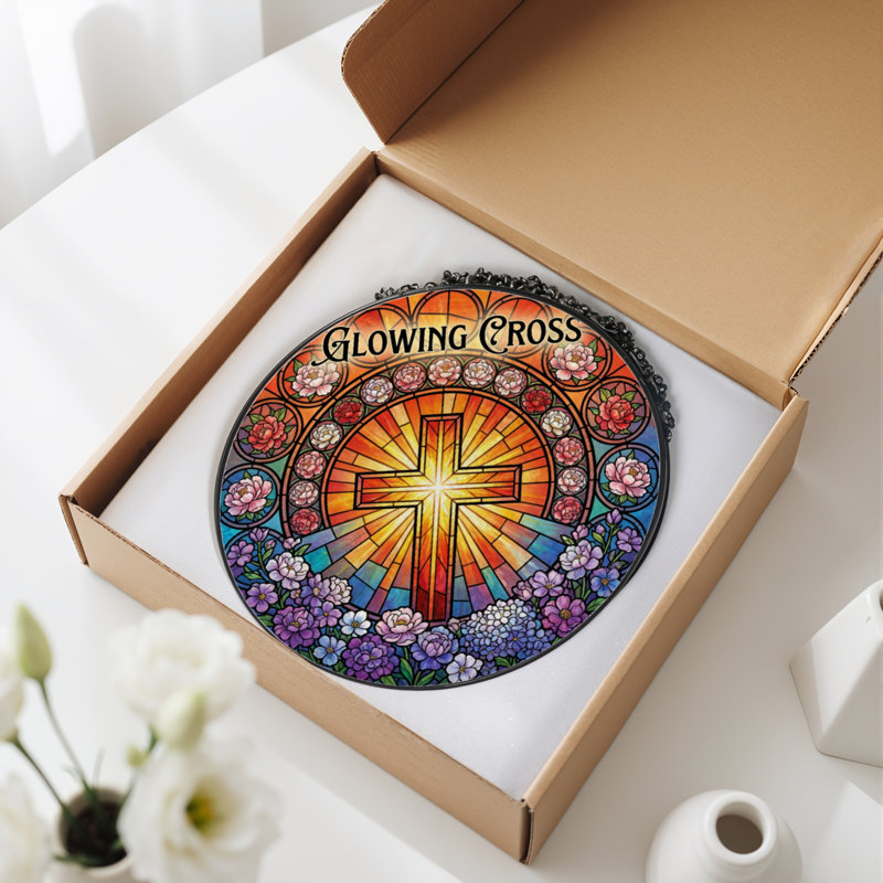 7.8"H Cross Lilies Stained Glass Window Panel, 7.8" H x 7.8" W