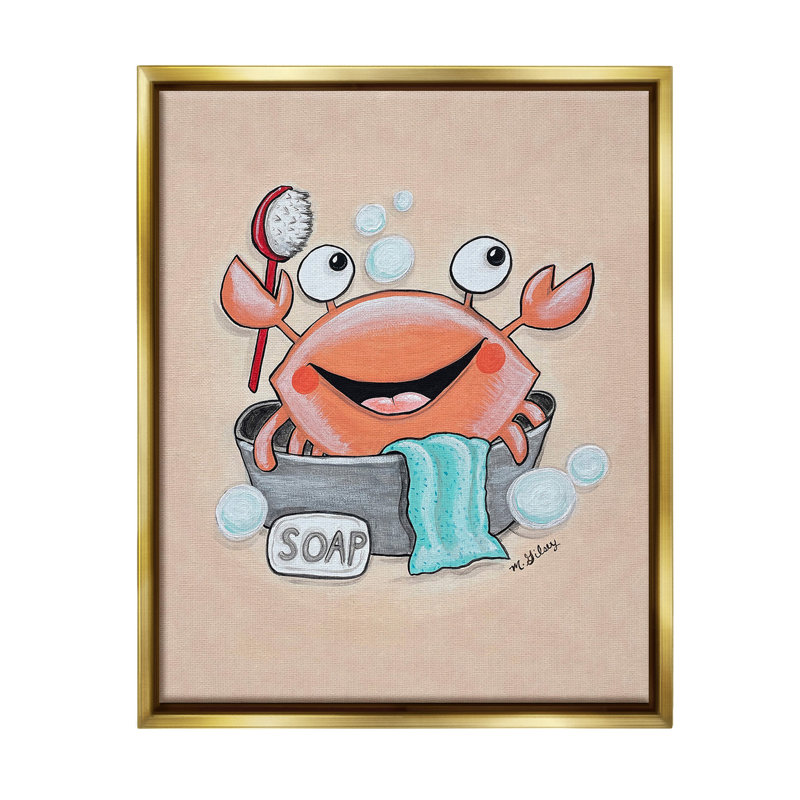 «Happy Crab Bathing Floater Frame» par Michelle Gilsey sur toile, Cadre flottant métallique doré, H 31 po x l 25 po