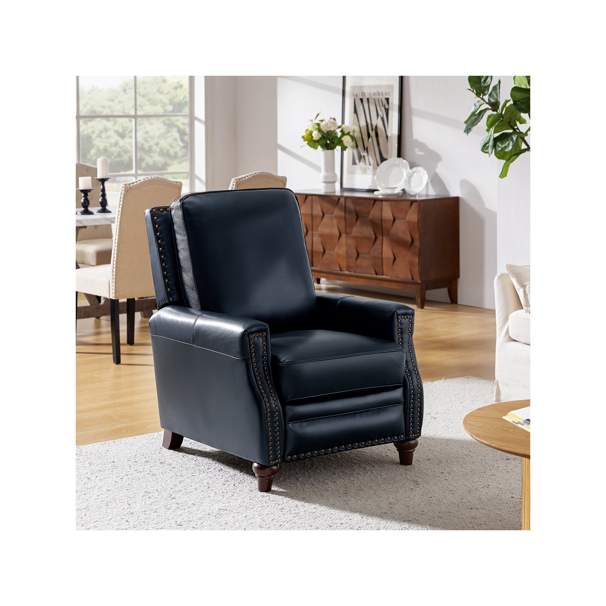 Andrena Genuine Leather Recliner with Nailhead Trim, Genuine Leather Navy