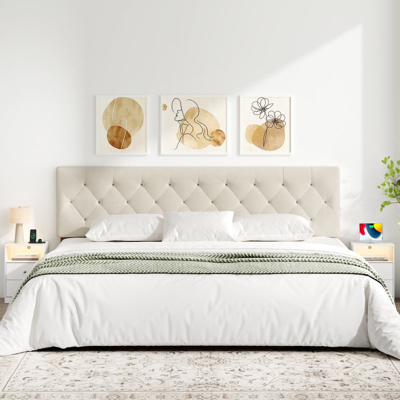 Adjustable Height Upholstered Headboard,Foldable King Beige, King, Beige