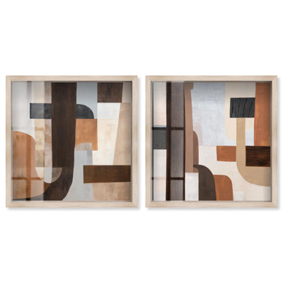 Ensemble de décoration murale « Geometric Harmony » avec cadre-vitrine, couleur beige, par Art Remedy, cadre noir, 12 x 12