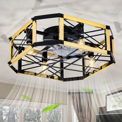Ventilateur de plafond à cage carrée de 53 cm avec éclairage, profil bas, montage encastré, douilles E12, télécommande, 6 vitesses