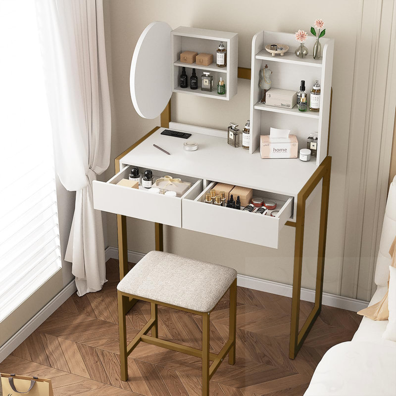 Bureau de coiffeuse avec miroir à DEL, prise de courant et tabouret rembourré, Doré / Blanc