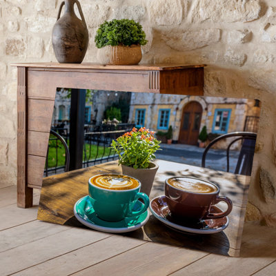Toile, "A Cosy Outdoor Cafe Scene Bathed in Warm Golden Sunlight", art mural mettant en vedette deux tasses à café en céramique magnifiquement fabriquées