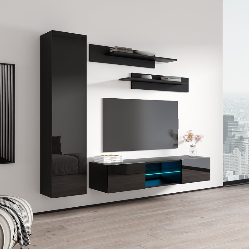 85" Modern Floating Wall Mounted Entertainment Center with 16-Color LED Lighting, High Gloss Finish, Black