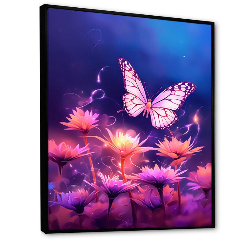 Magnifique coucher de soleil papillon rose I, Cadre flottant noir, H 44 po x l 34 po
