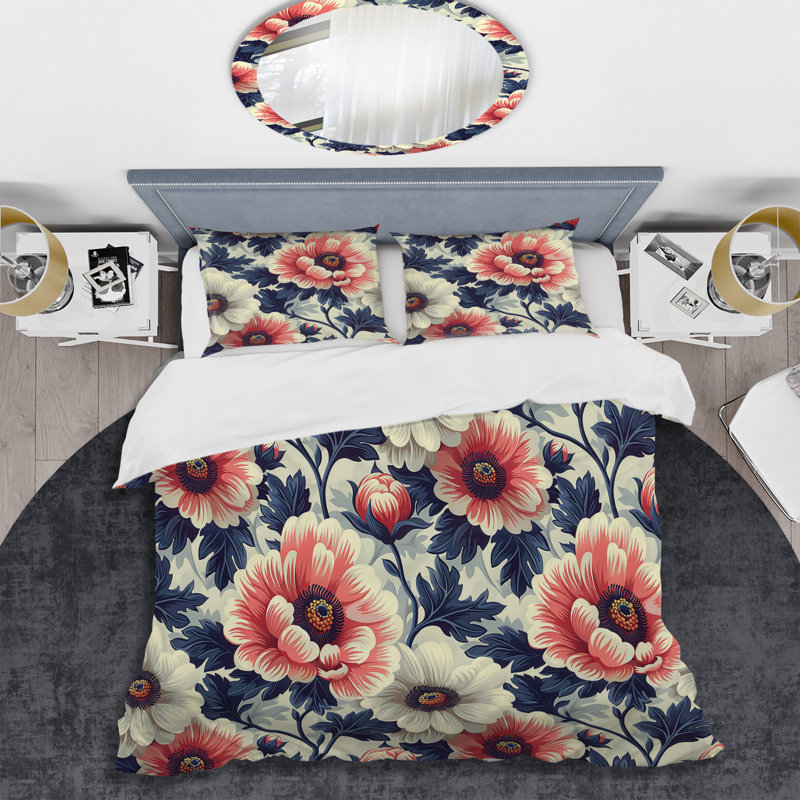 Ensemble de housse de couette moderne rose et bleu Daisy Gardens, Housse de couette pour grand lit et 2 taies décor