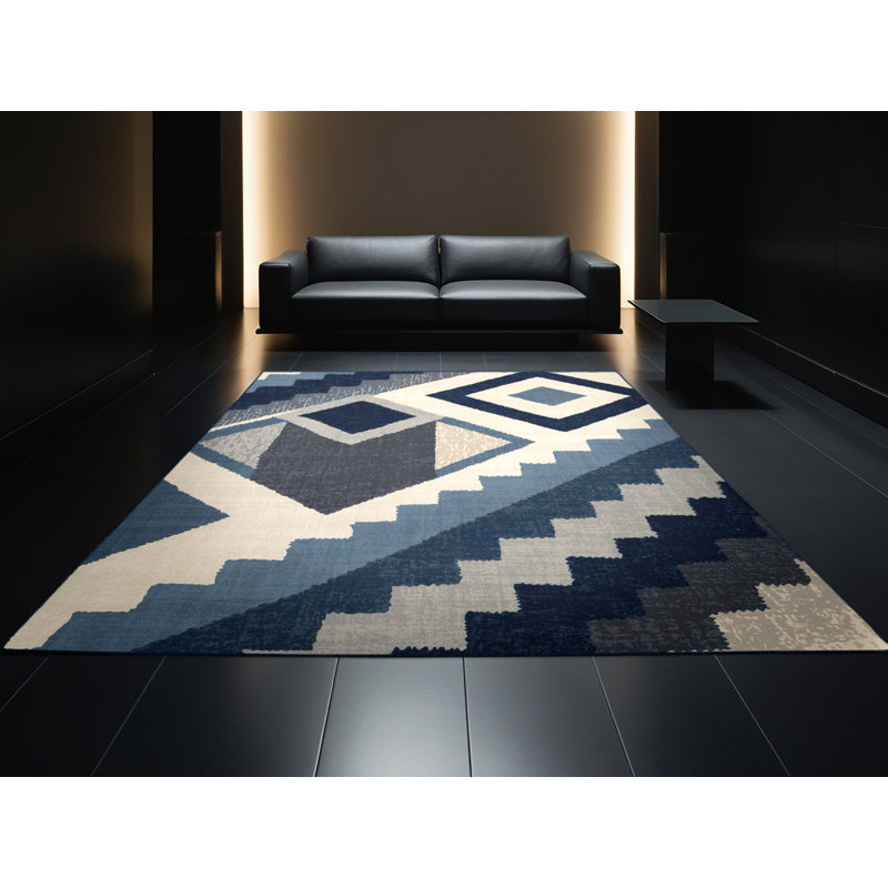 Machine Washable Paulett Global Inspired Block Print Rug in Beige – Navy Binding, 7' Square