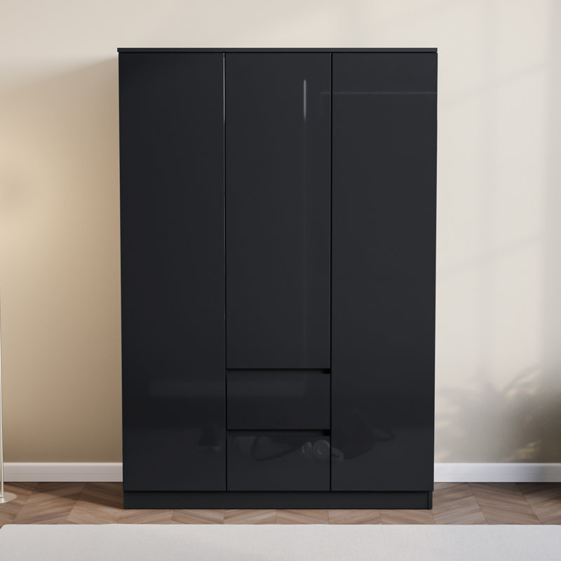 Oslo 3 Door 2 Drawer High Gloss Wardrobe, (FSC 100%) Bedroom Home Clothing Storage Furniture, Black