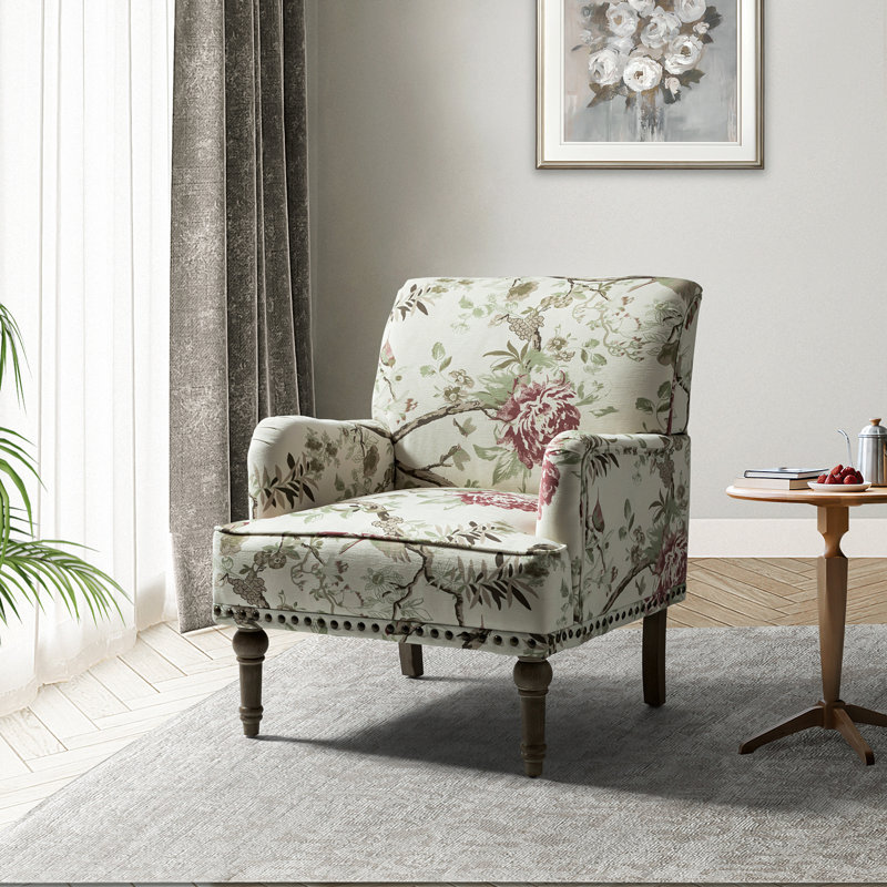 Antoan 28.7"W Floral-Print Upholstered Armchair, Beige/Pink Polyester Blend