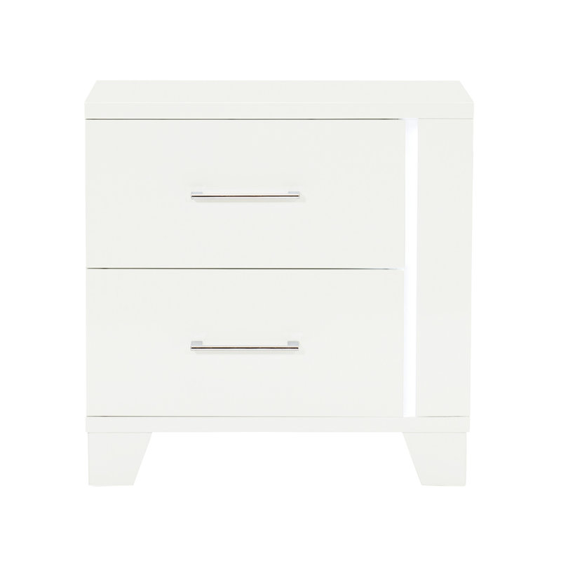 Table de chevet de luxe à finition brillante blanche avec éclairage à DEL et glissières à roulement, armoire de chambre à coucher moderne lustrée, 2 tiroirs