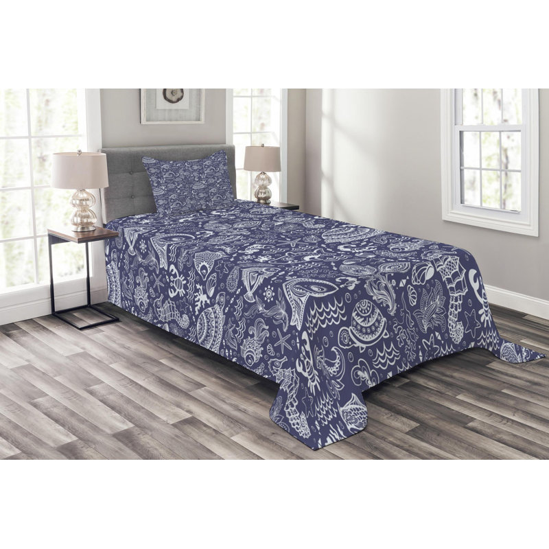 Navy Blue and White Twin Reversible Polyester Bedspread Set