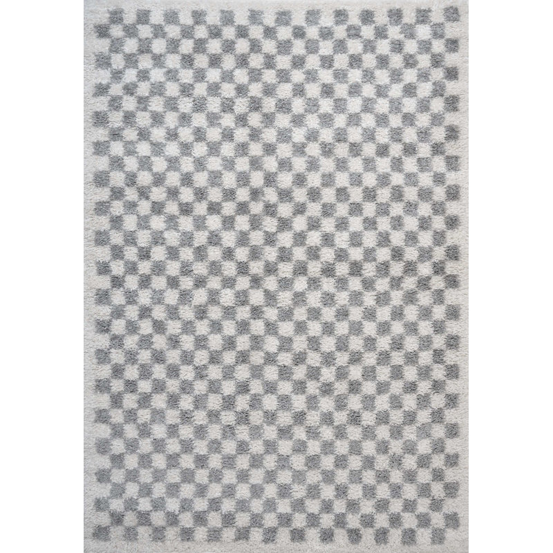 Moodi Modern Shaggy Area Rug Checkered Design, Rectangle 160 x 230 cm, Off-White/Grey