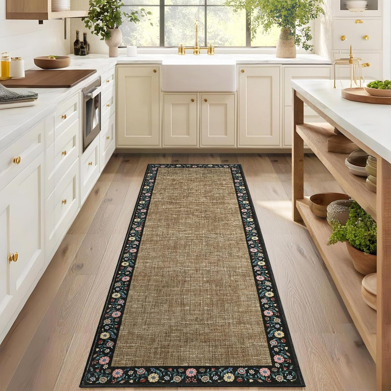 Modern Bordered Runner Rug 2x6 – Washable Non-Slip Low-Pile Carpet for Hallway, Kitchen, Bedroom, Bathroom, or Laundry Room, Soft Floral Print, Beige