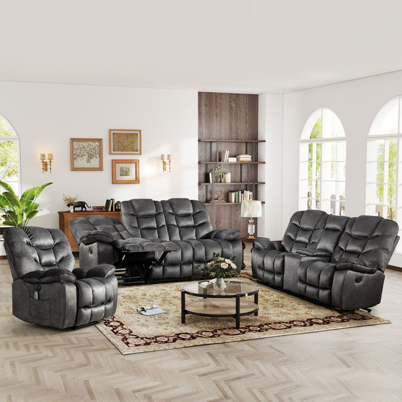3-Piece Reclining Living Room Set With Power Heated Massage Recliner, Manual Loveseat With Console & 3-Seat Sofa, Black-gray