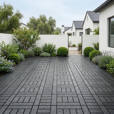 44-Piece 12"x12" Dark Gray Interlocking Floor Tiles, Tool-Free Snap-Lock, All-Weather Waterproof & UV-Resistant, Enhanced Grid Backing, Wood-Grain Texture
