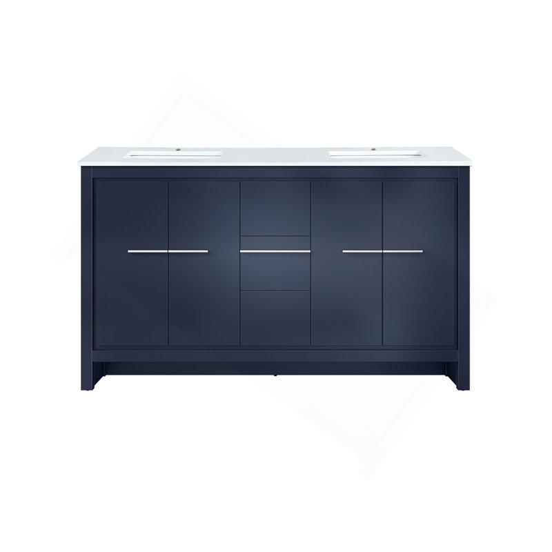 Ensemble de meuble-lavabo double 60 po X P 20 po D, avec plateau en quartz blanc, H 36,63 po x l 60 po x P 20,25 po, Marine