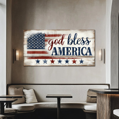  Large Patriotic Canvas Wall Art - God Bless America Americana Picture for Living Room Decor, Rustic American Flag Painting, Wrapped Canvas Print Artwork, 24×48 inches
