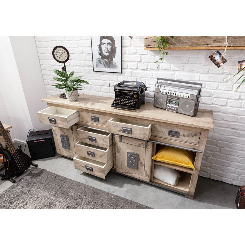 Railway 200cm Solid Wood Sideboard, Whitewash lacquered