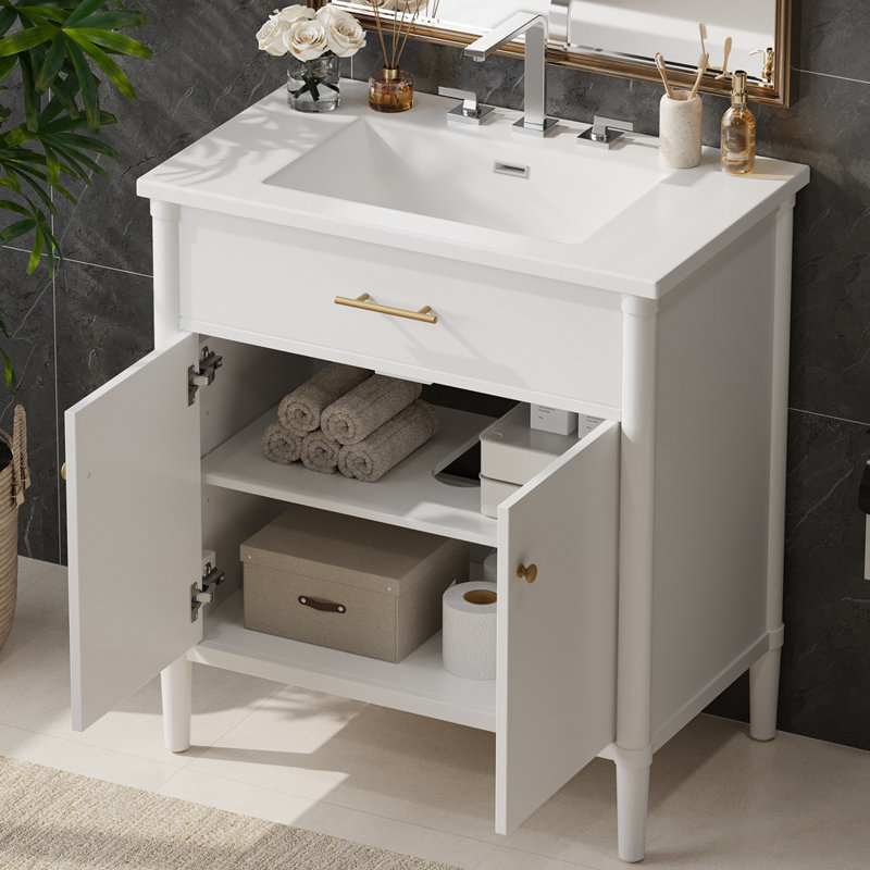 Meuble-lavabo de salle de bain avec lavabo et portes à fermeture douce, Blanc