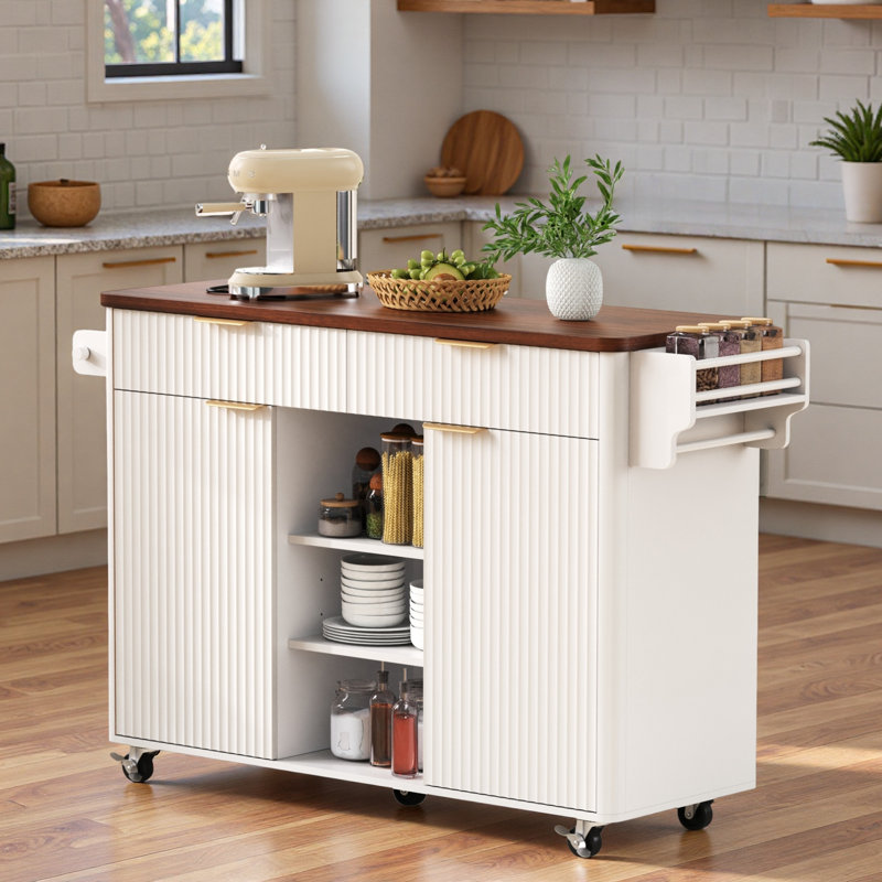 Fluted Kitchen Island With Drop Leaf, Power Outlet, Adjustable Shelves, 2 Doors And 2 Drawers, Brown/White