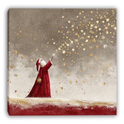 Santa Casting Golden Stars-Wrapped Canvas Wall Art