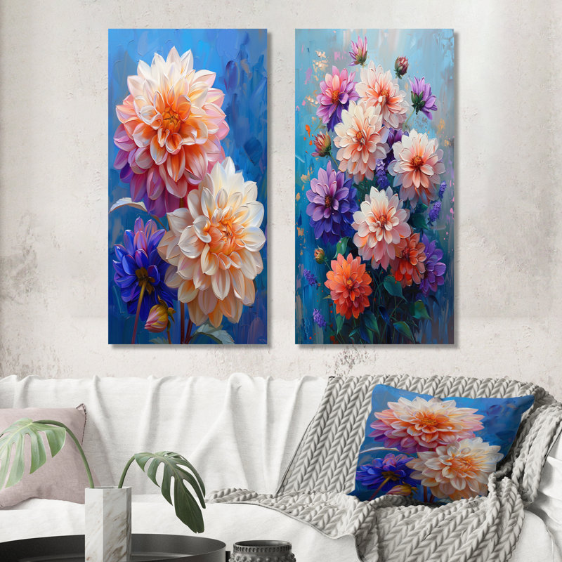 Danse des fleurs de dahlia rose bleu, collage I - ensemble de 2 impressions murales florales en métal, 32" H x 32" W