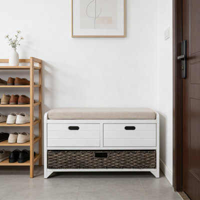 Fully Assembled Storage Shoe Bench With Removable Basket, 2 Drawers & Detachable Cushion