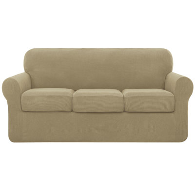 4 Piece Stretch Jacquard Couch Cover, Sofa Slipcover for 3 Cushion Couch, Machine Washable Furniture Protector(Sofa, Sand)