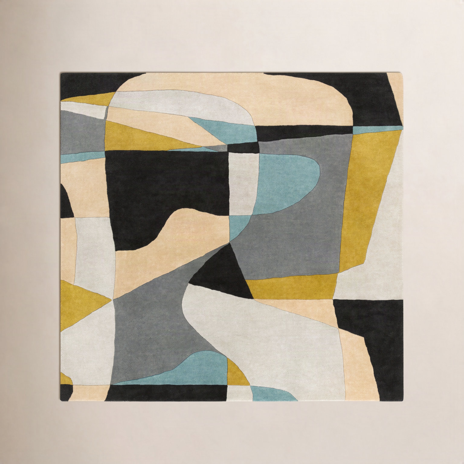 Gaye Gray Khaki Teal Hand-Tufted Geometric Rug, Square 9'9"