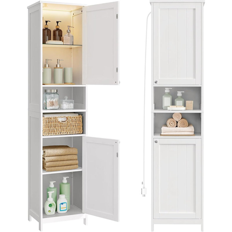 Tall Bathroom Cabinet With Lights – Cloud White – Slim Freestanding Bathroom Storage Cabinet With Adjustable Shelves, Modern Design For Small Spaces