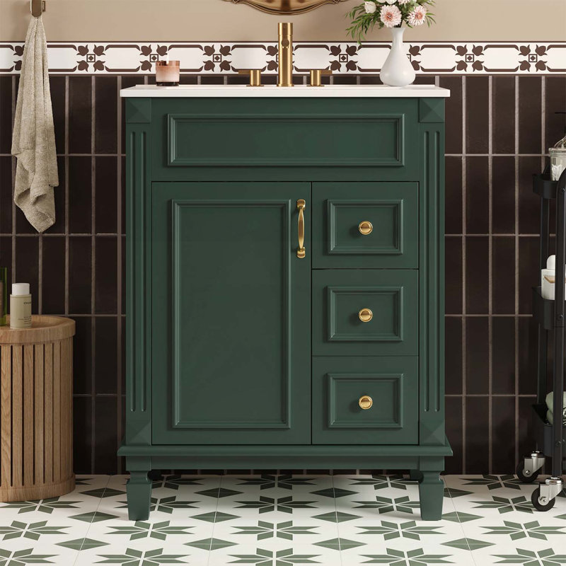 Meuble-lavabo de salle de bain avec lavabo, 2 tiroirs, design compact et élégant, Green
