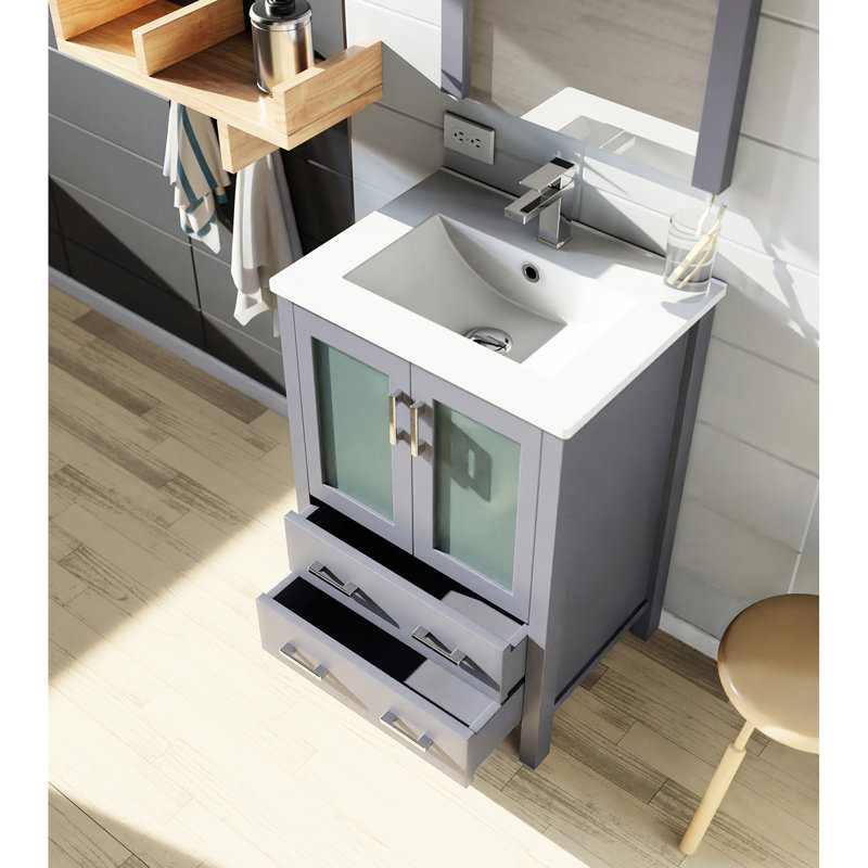 24 po W Gris foncé pour la salle de bain, comptoir en céramique blanche, robinet, 22 miroirs - Surface de salle de bain avec surface à gratter et à gratter