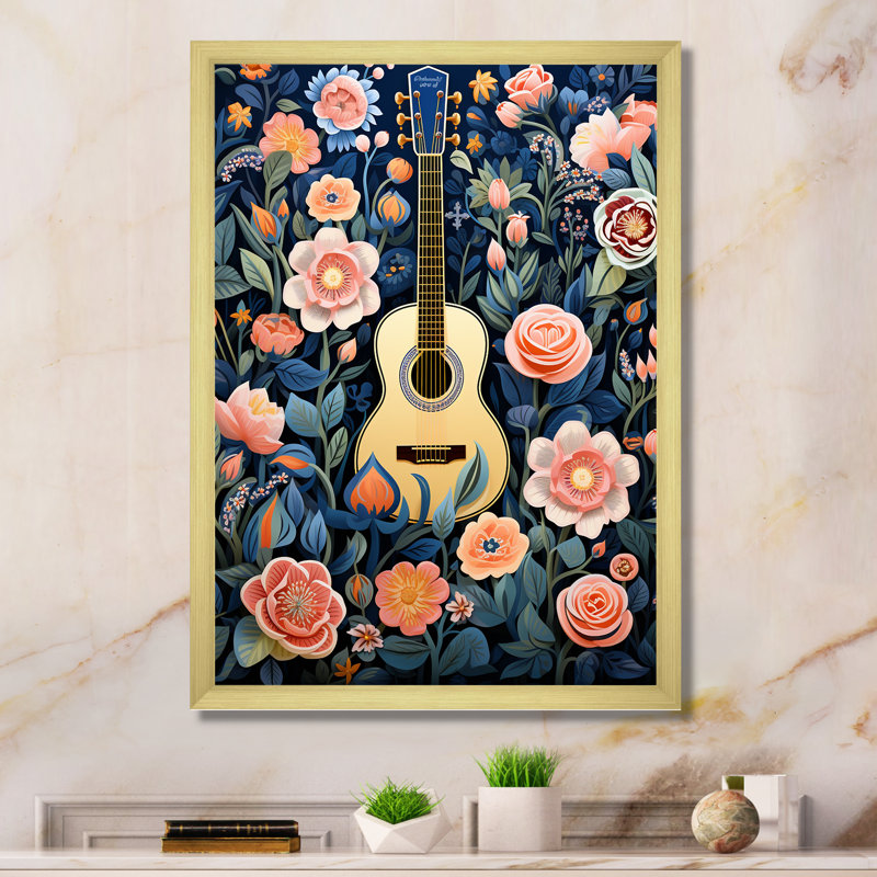 «Pink Floral Harmony» - art mural musique, Encadrement doré, H 40 po x l 30 po x P 1,5 po