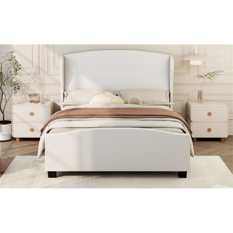 Lit tapissier en lin à tête de lit de 51 po de hauteur sans sommier tapissier, Beige, Très grand