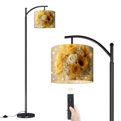 Élégante lampe sur pied arquée avec bouquet de roses jaunes et blanches, tournesols, paillettes et lumières DEL avec télécommande, abat-jour réglables, grandes lampes debout pour la lecture, salon, bureau