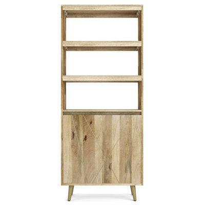 Jager 30"W Solid Mango Wood 3 Shelf Contemporary Bookcase with Open Shelves and Cabinet with Geometric Inlay