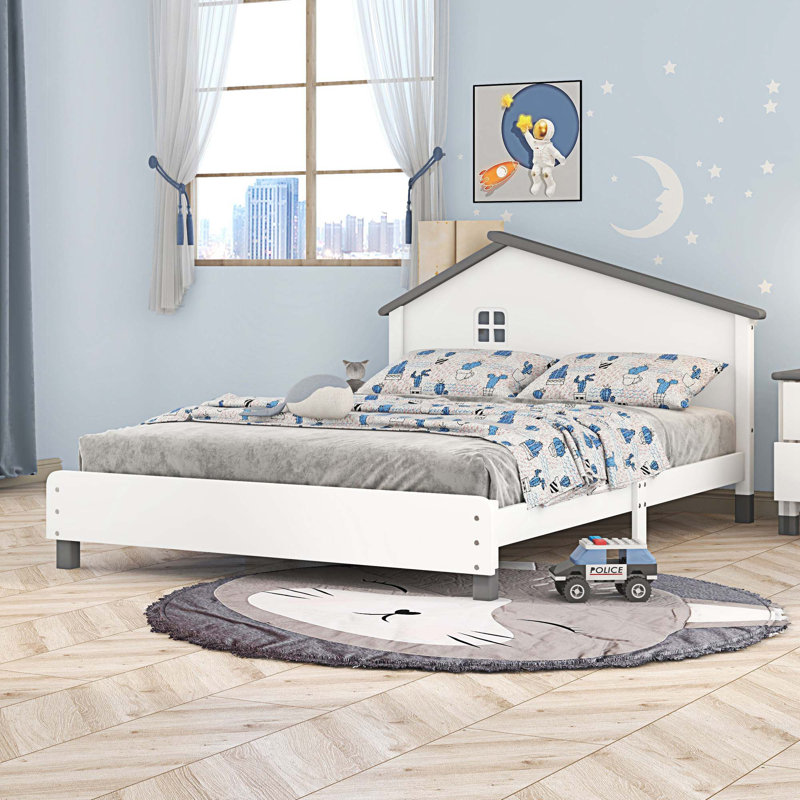 Michigantown Modern Wood Platform Bed Kids Beds with House-shaped Headboard, White, Full / Double