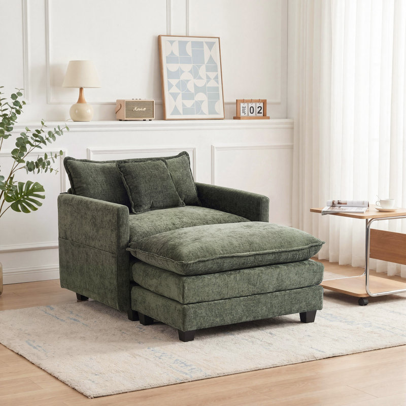 41“Chenille Oversized Chair With Ottoman - Plush Comfort and Style for Living Space, Dark Green