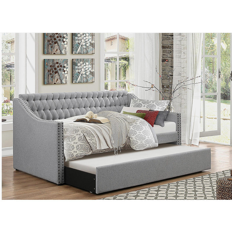 Canapé-lit 1 pièce en tissu gris moderne de conception moderne avec lit gigogne et capitonnage, Gris clair