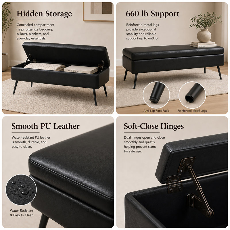 Banc avec repose-pieds en cuir Durable Modern, black, black