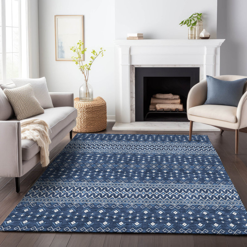 Premium Machine Washable Prisco Navy Rug, Rectangle 3' x 5'