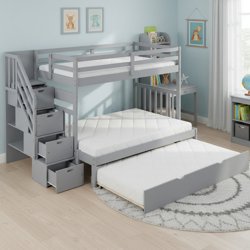 Lit superposé simple au-dessus d'un lit double en bois massif avec lit gigogne simple pour chambre à coucher, Gris