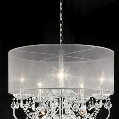 Grand plafonnier 31,5 po "Evangelia", accents argent et cristal, abat-jour transparent