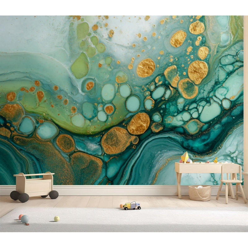 Papier peint adhésif pelez et collez Belle décoration abstraite en papier de contact amovible auto-adhésif mélangé turquoise doré pour salle de séjour H 69 po x l 96 po
