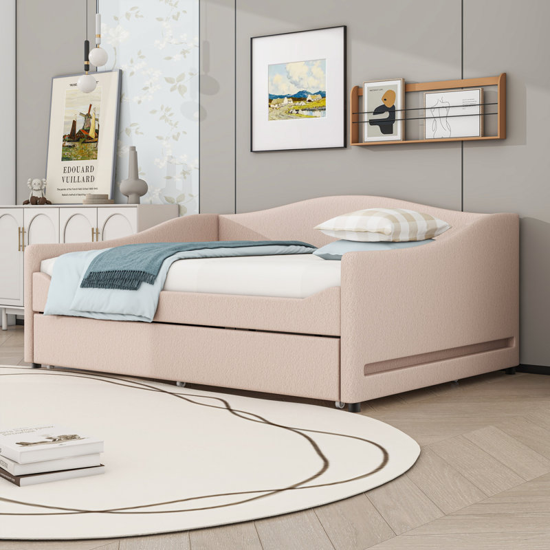 Upholstered Daybed with LED lights and a Twin Size Trundle, Beige, Full