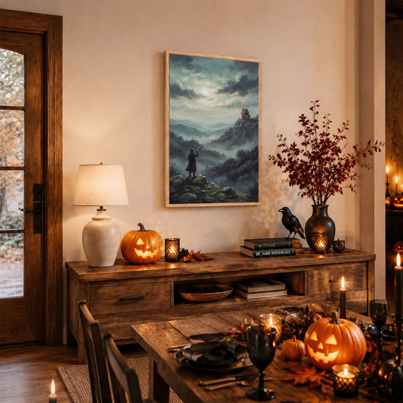 Homme avec télescope observant un observatoire sur une toile murale brumeuse d'Halloween, 48"H x 32"W