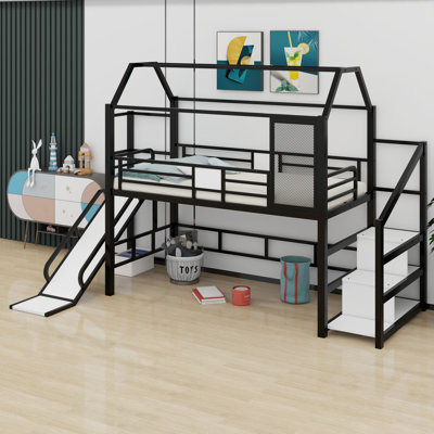 Lit mezzanine House avec glissade et escalier, lit de jeu en métal avec tablettes de rangement