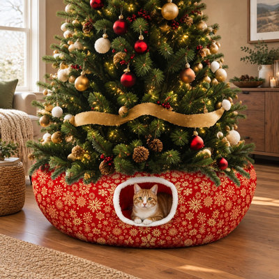 Ce lit tunnel flocon de neige rouge et or de 36 pouces combine une jupe de tunnel circulaire en forme de beigne, une balle et un tapis dans un tube pliable pour animaux de compagnie/protection pour chat à utiliser sous le sapin à Noël et lors des fêtes de fin d'année.