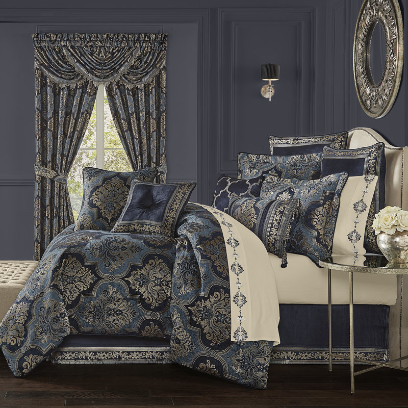 Indigo and Blue Queen 4-Piece Comforter Set with Gold Accents